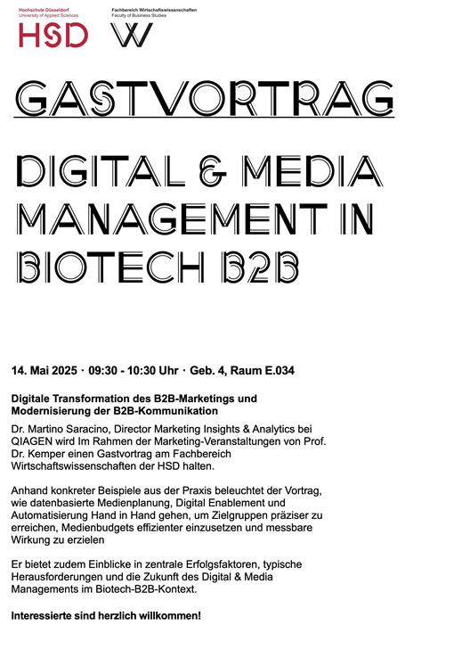 Am 14. Mai 2025 wird Dr. Martino Saracino (Director Marketing Insights & Analytics bei QIAGEN) im Rahmen der Marketing-Veranstaltungen von Prof. Dr. Kemper einen Gastvortrag am Fachbereich Wirtschaftswissenschaften der HSD halten.
